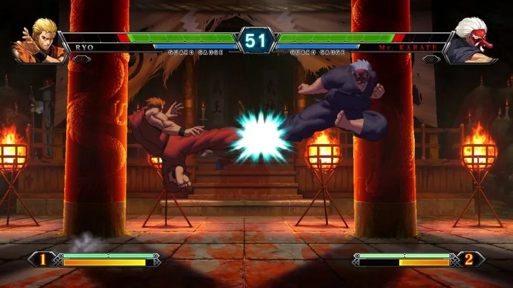 Cảnh chiến đấu giữa Ryo Sakazaki và Mr. Karate trong The King of Fighters XIII, một phiên bản nổi bật của dòng game đối kháng KOF.