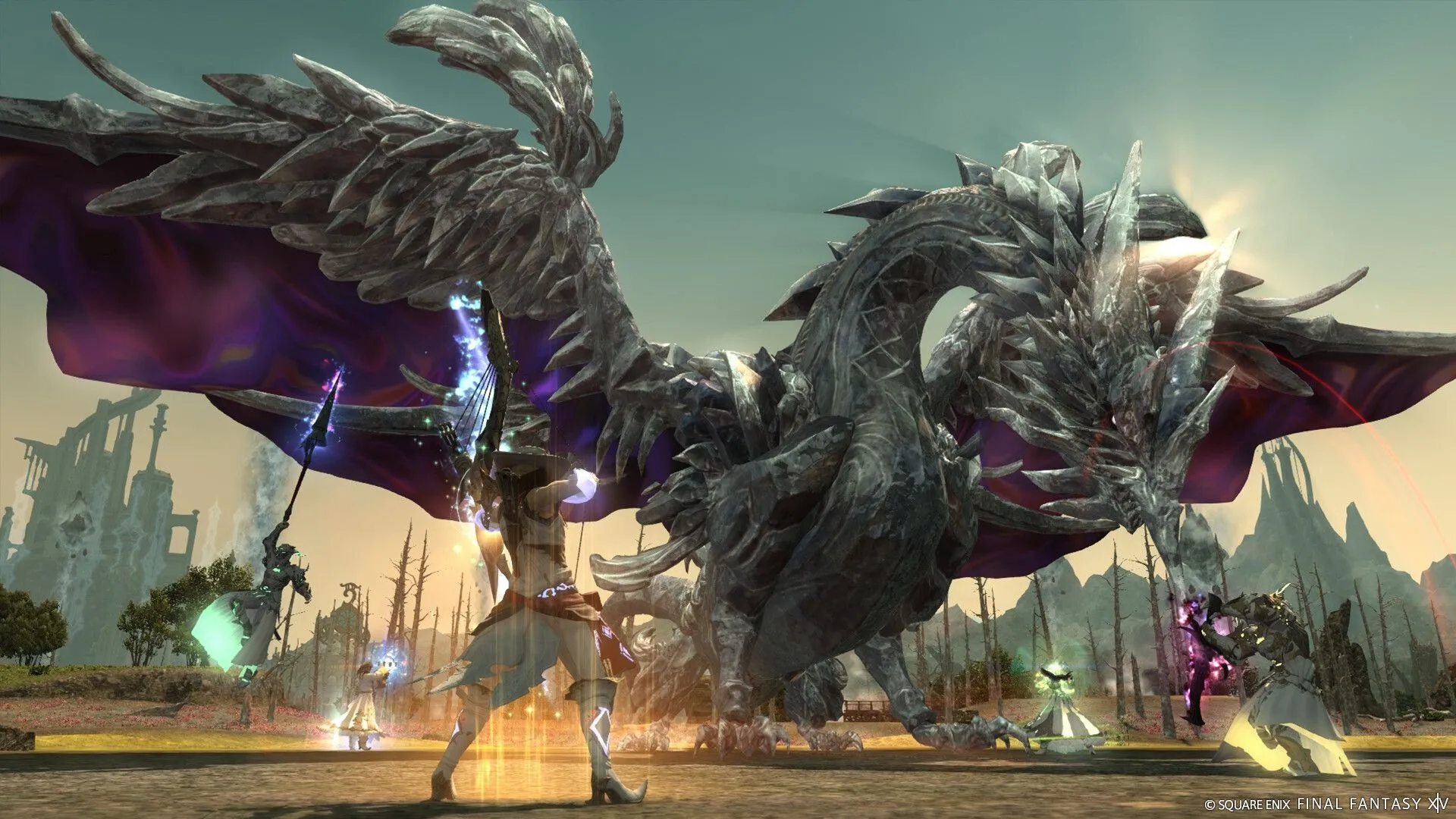 Cảnh chiến đấu hoành tráng trong Final Fantasy XIV, minh họa thế giới và quái vật đa dạng của game.