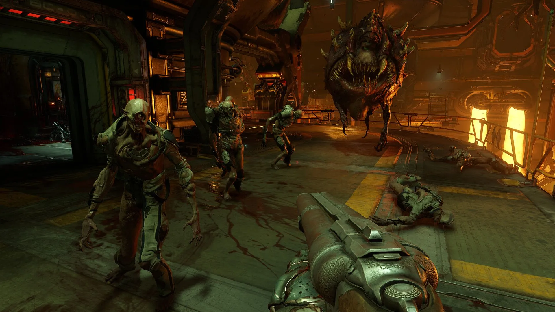Cảnh chiến đấu kịch tính trong Doom Eternal, người chơi dùng shotgun đối đầu với quỷ dữ, thể hiện logic sức mạnh vũ khí.