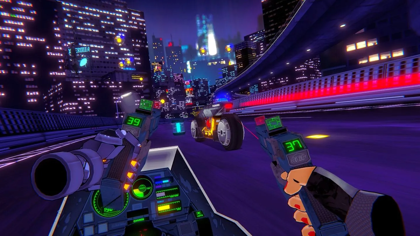 Cảnh chiến đấu kịch tính trong game VR RUNNER: người lái xe máy bắn súng đối đầu trên đường cao tốc cyberpunk.