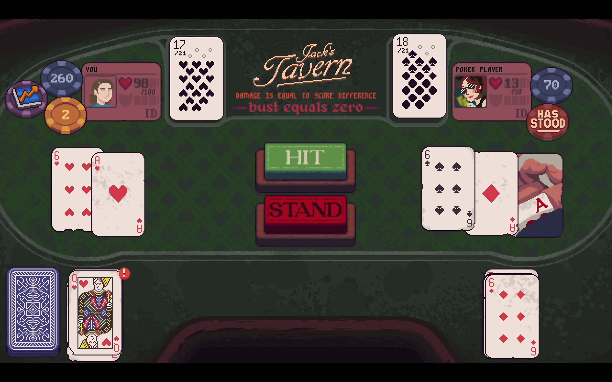 Cảnh chơi game Dungeons &amp; Degenerate Gamblers, một tựa game lấy cảm hứng từ Balatro với yếu tố blackjack và chiến đấu boss.