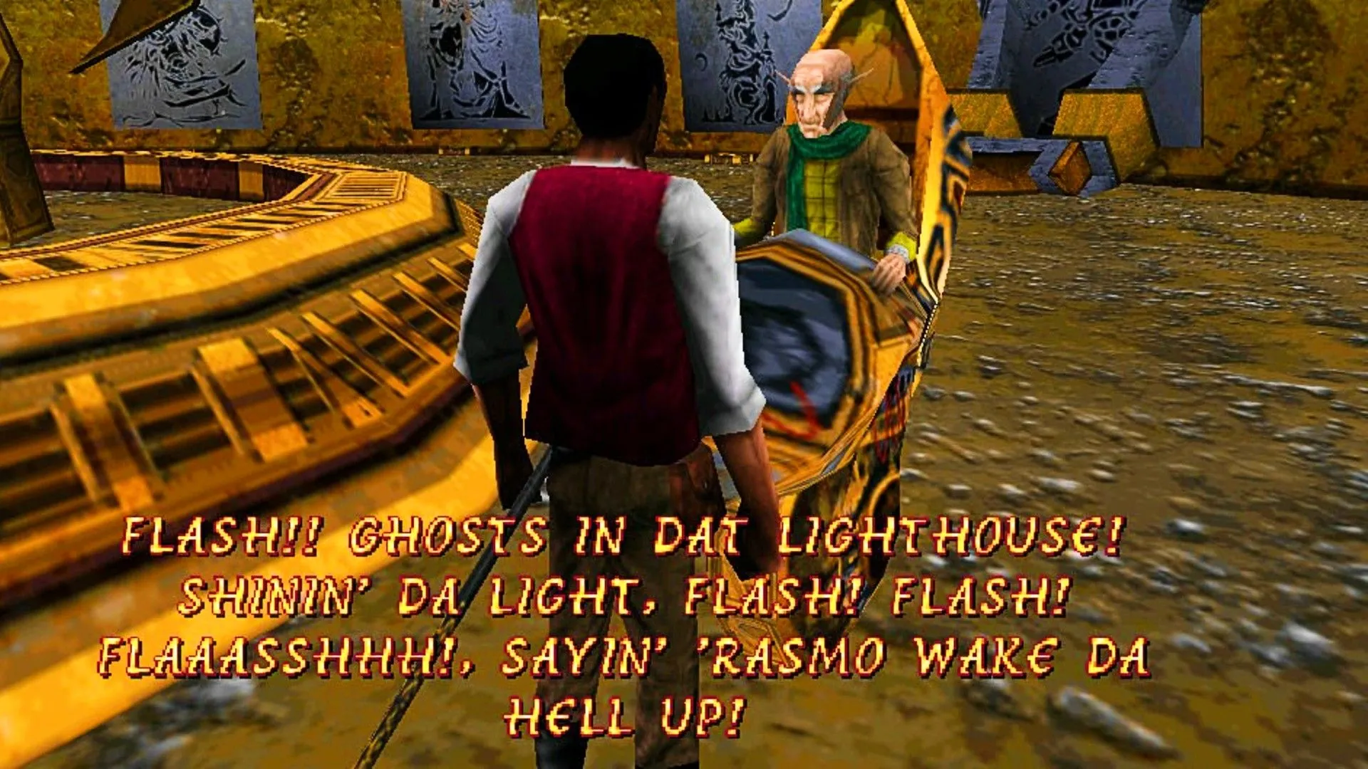Cảnh Cyrus đối thoại với một nhân vật bí ẩn trên xe lăn trong game The Elder Scrolls Adventures: Redguard.