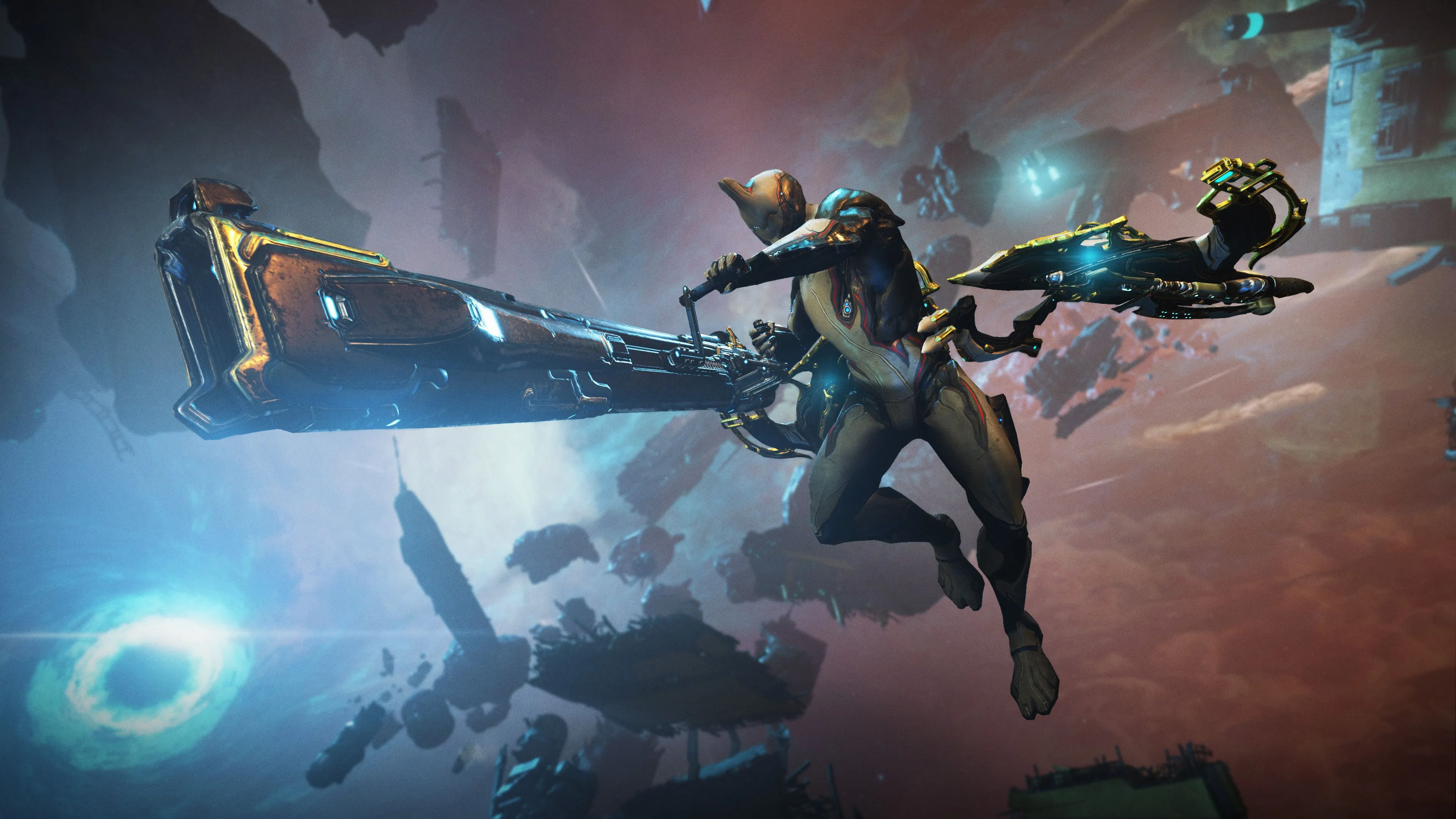 Cảnh gameplay của Warframe với nhân vật Tenno đang chiến đấu, minh họa đồ họa đẹp mắt và hành động nhanh.