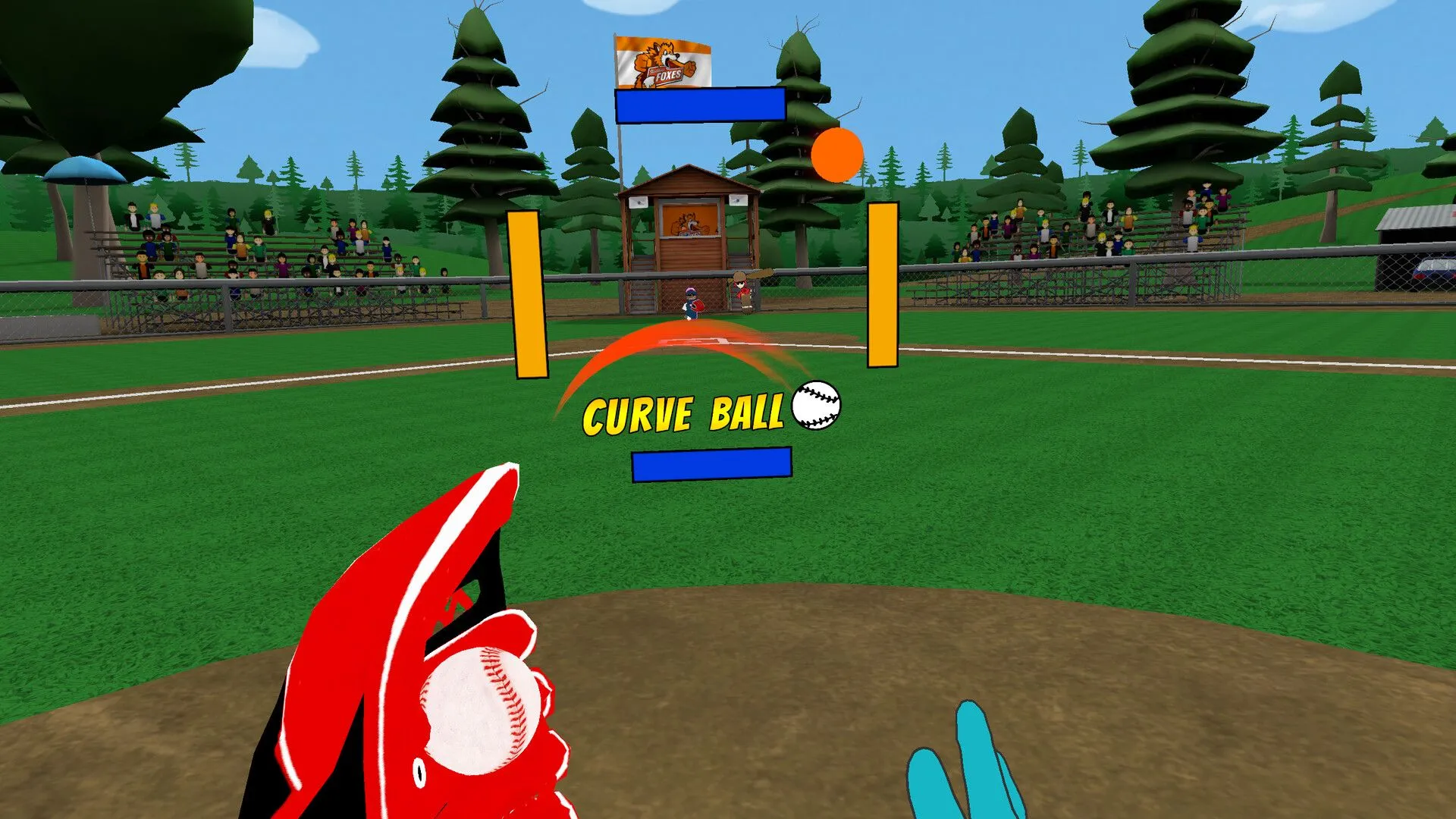 Cảnh người chơi đang thực hiện pha bắt bóng trên sân outfield trong game TOTALLY BASEBALL VR