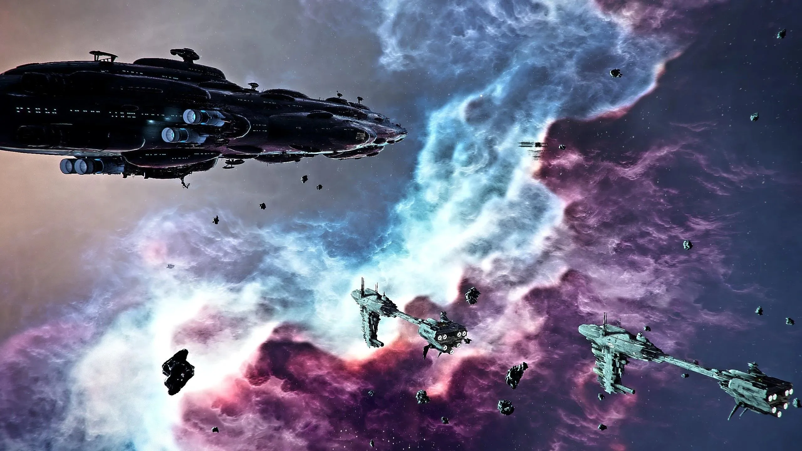 Cảnh tàu chiến và trạm không gian từ mod Star Wars Interworlds của game X4: Foundations, mang đến trải nghiệm không gian Star Wars.