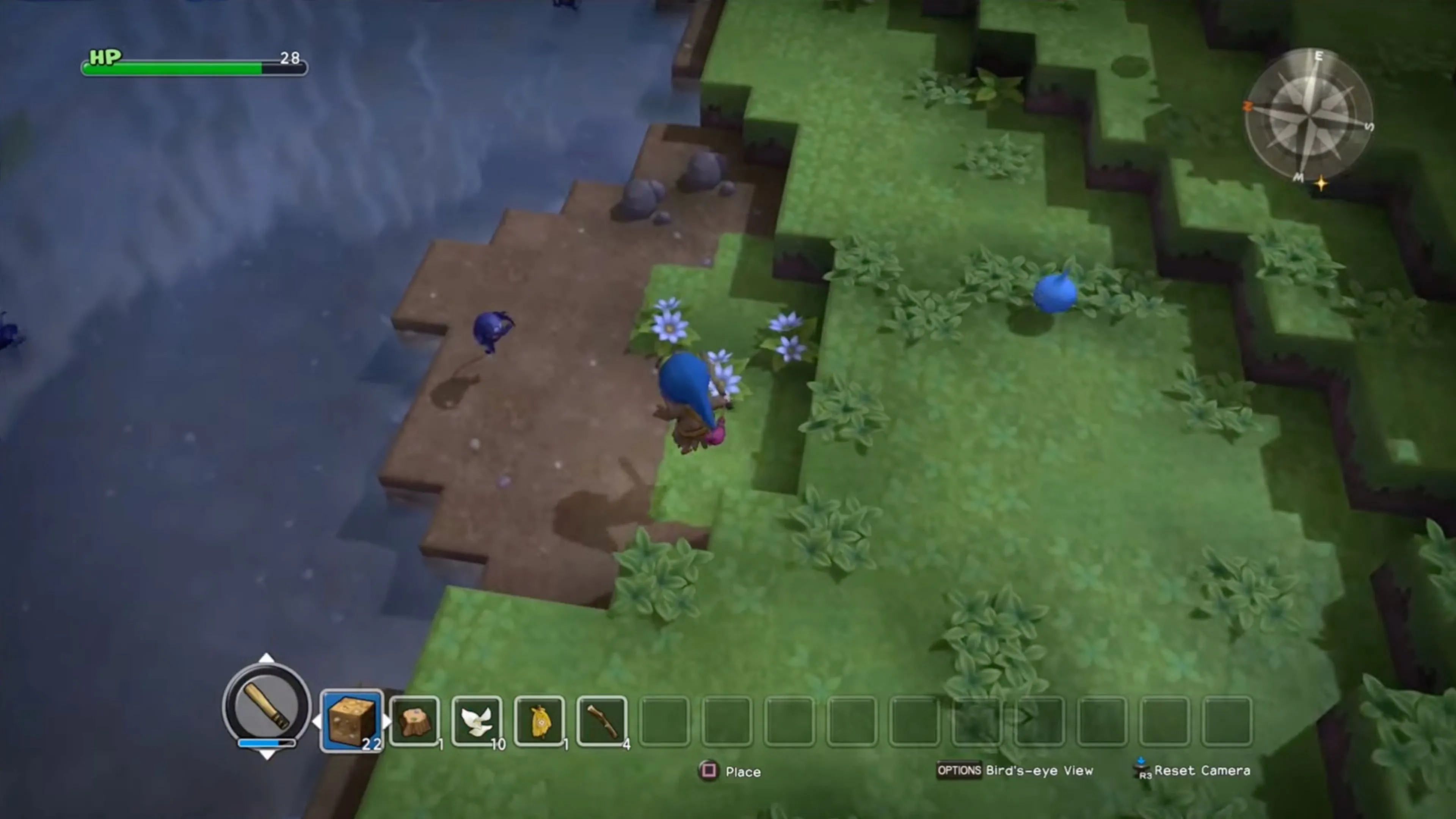 Cảnh xây dựng căn cứ và tương tác với dân làng trong Dragon Quest Builders