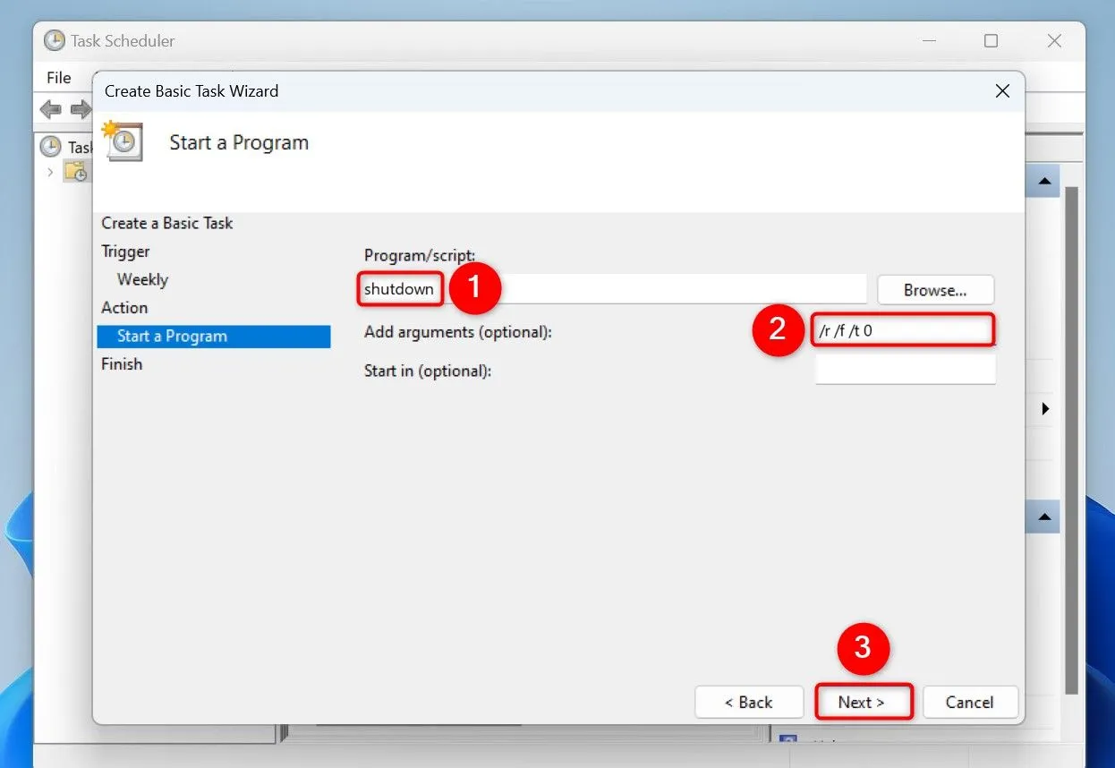 Cấu hình hành động &quot;Start a Program&quot; với lệnh shutdown và các tham số khởi động lại máy tính