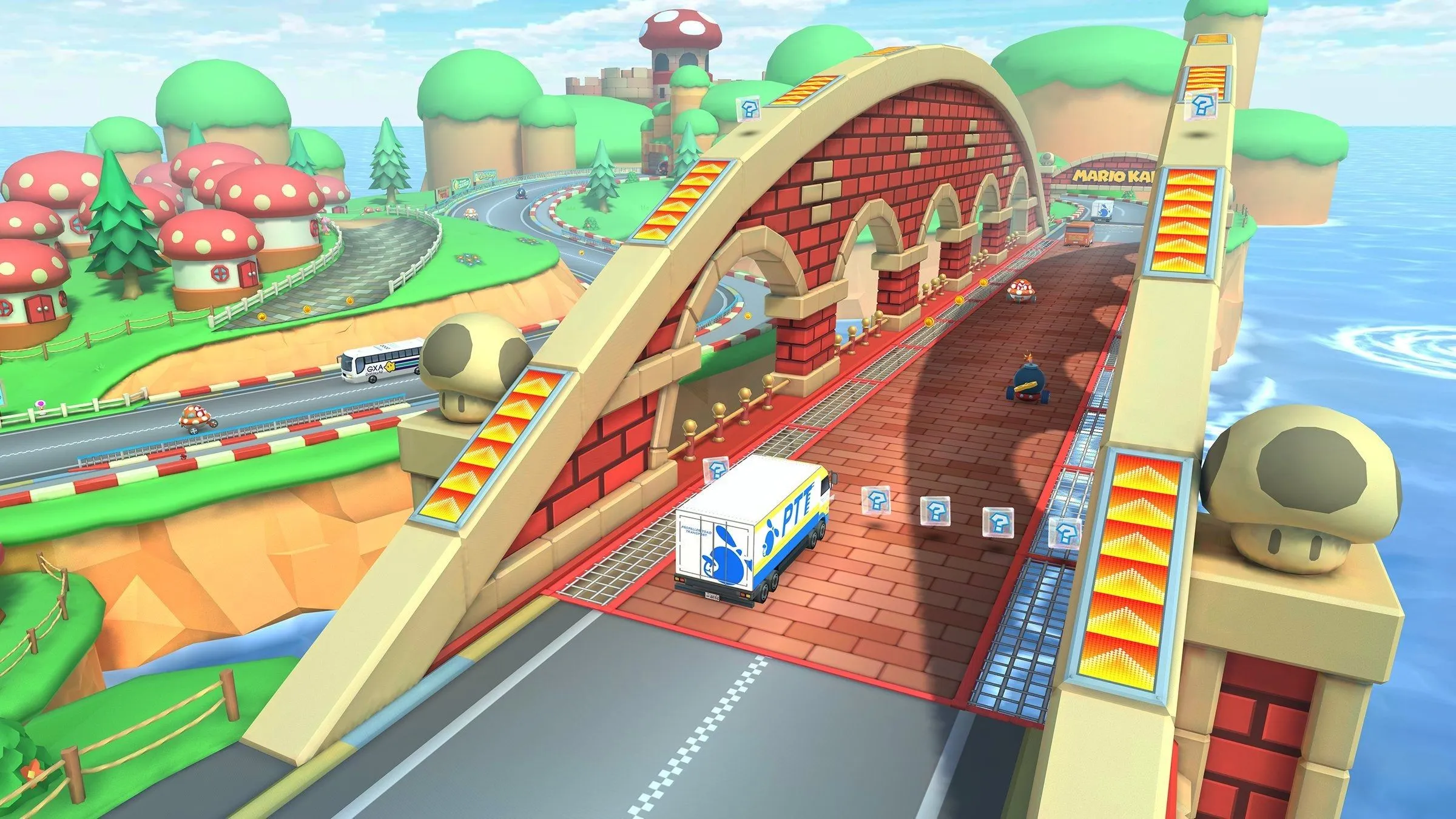 Cầu Mushroom Bridge với xe cộ đông đúc từ series game Mario Kart.
