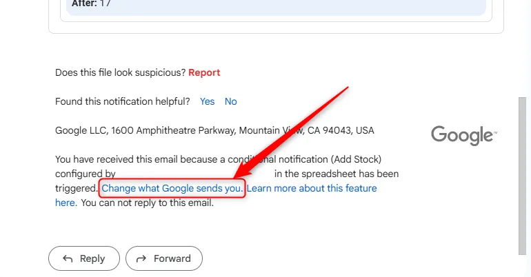 Chân trang email thông báo có điều kiện trong Gmail với tùy chọn &quot;Change What Google Sends You&quot; được chọn.