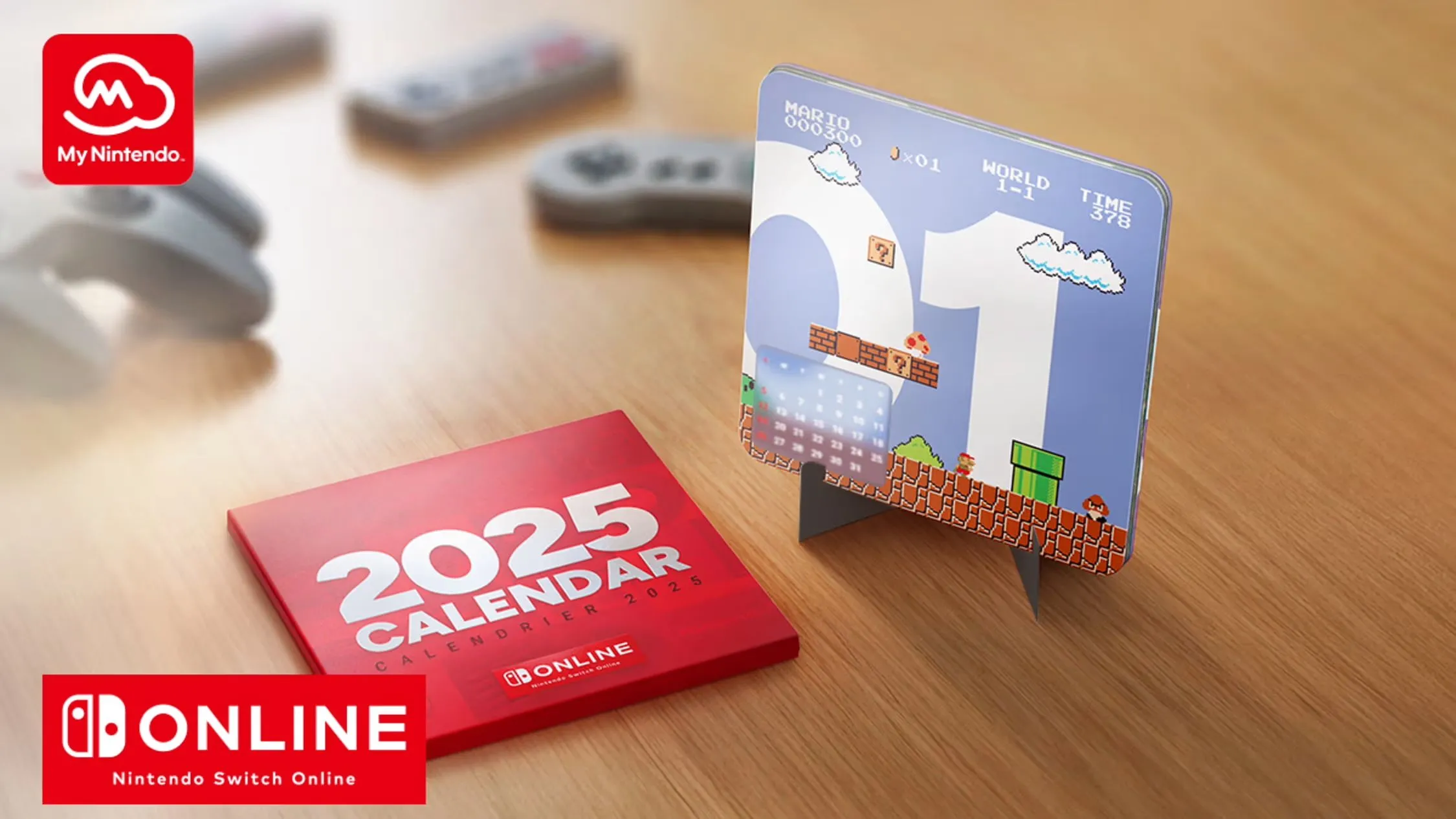 Chiếc lịch My Nintendo năm 2025 độc quyền dành cho thành viên Nintendo Switch Online đặt trên bàn, thể hiện vật phẩm sưu tầm độc đáo.