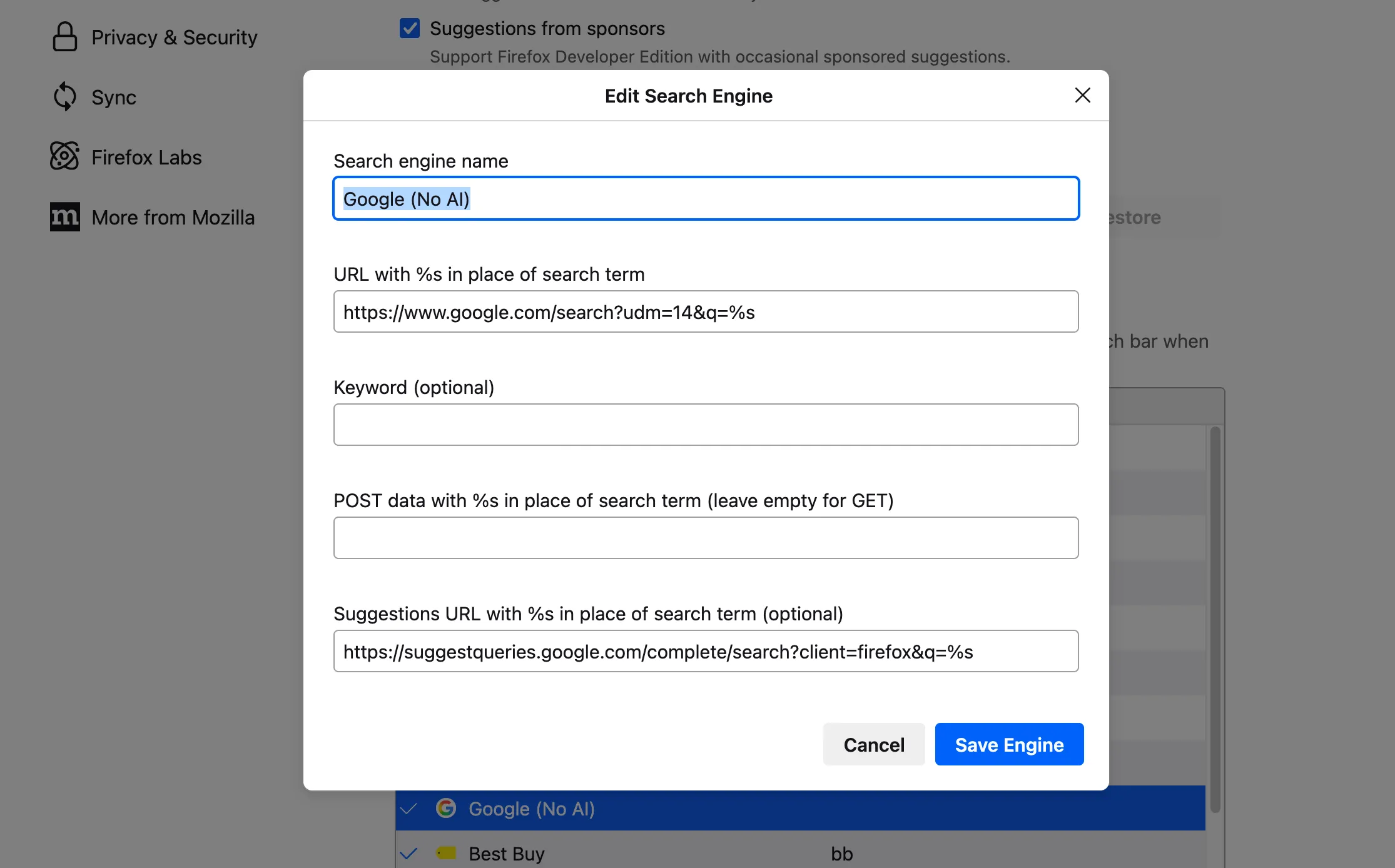 Chỉnh sửa cài đặt công cụ tìm kiếm tùy chỉnh trong trình duyệt Firefox 140.