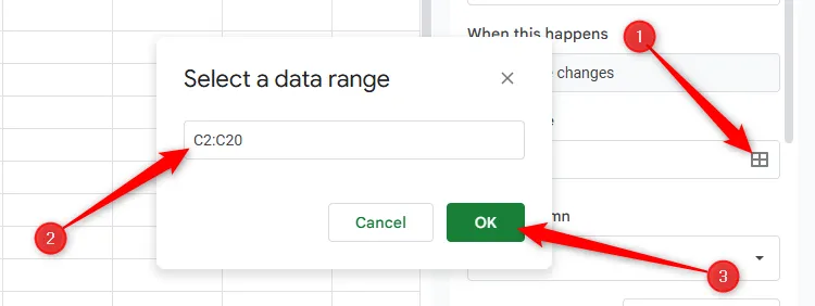 Chọn một dải ô tùy chỉnh cho quy tắc thông báo có điều kiện trong Google Sheets.