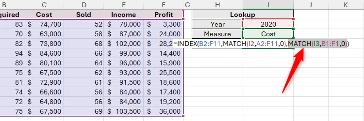 Chọn phần đối số MATCH cuối cùng trong công thức Excel để kiểm tra