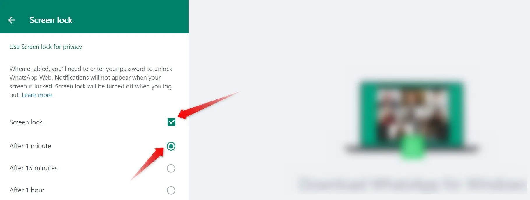 Chọn thời gian tự động khóa màn hình WhatsApp Web khi không hoạt động để tăng cường quyền riêng tư.