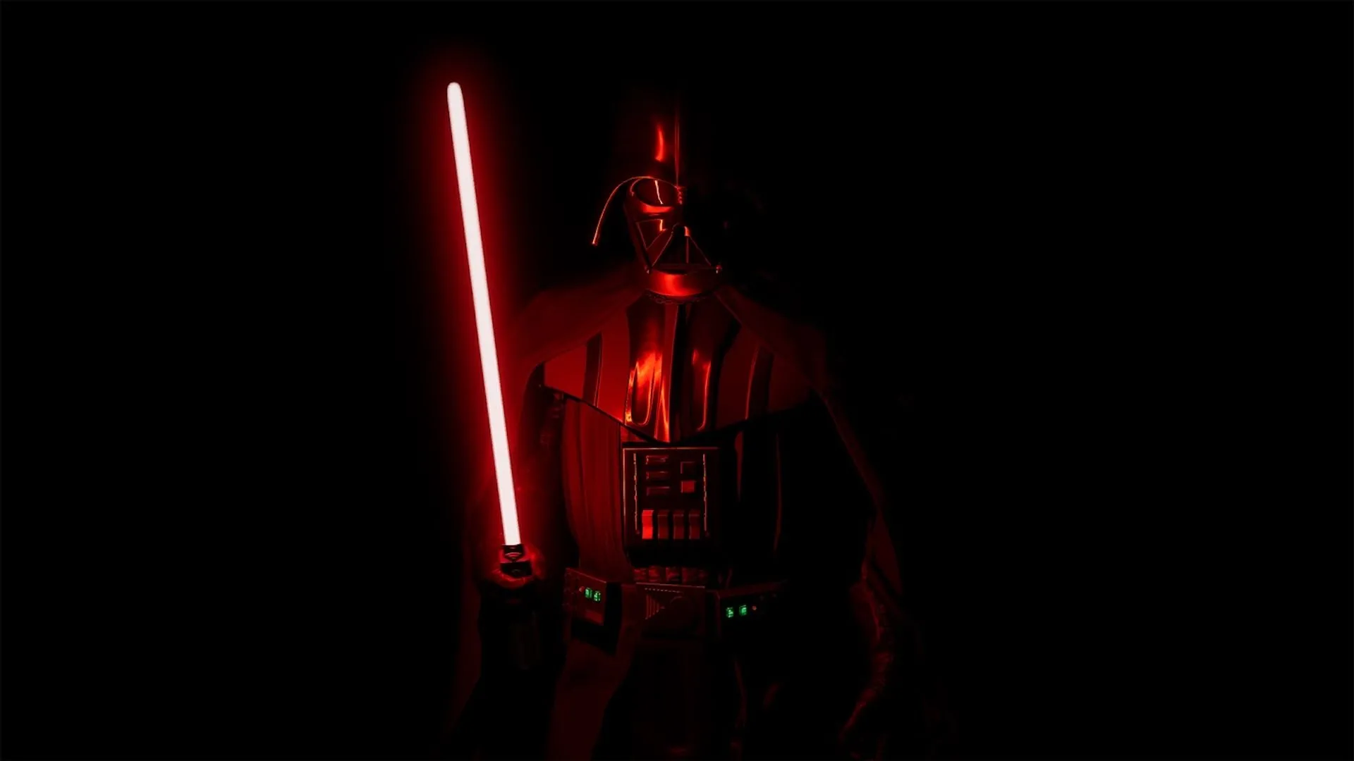 Chúa tể Darth Vader hùng dũng xuất hiện trong bóng tối, được chiếu sáng bởi ánh kiếm lightsaber đỏ rực trong tựa game thực tế ảo Vader Immortal.