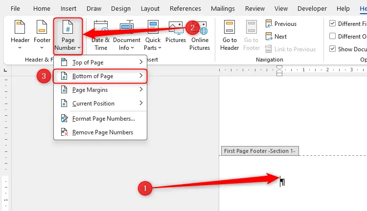 Con trỏ đặt tại chân trang Phần 1 trong Microsoft Word, tùy chọn Bottom Of Page cho số trang được chọn.