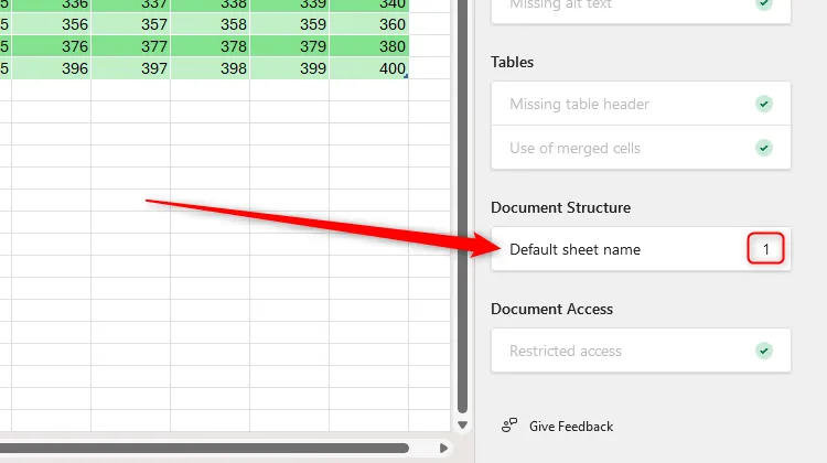 Công cụ kiểm tra khả năng tiếp cận của Excel (Accessibility Checker) phát hiện lỗi tên trang tính mặc định.