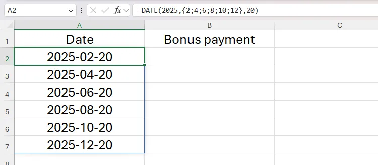 Công thức mảng động trong ô A2 của Excel sử dụng dấu ngoặc nhọn `{}` và dấu chấm phẩy `;` để làm cho kết quả tràn xuống cột A, tạo danh sách ngày tháng.