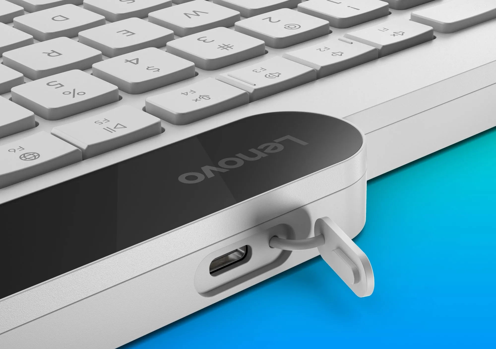 Cổng USB-C ở mặt sau bàn phím Bluetooth tự sạc Lenovo 800 màu trắng
