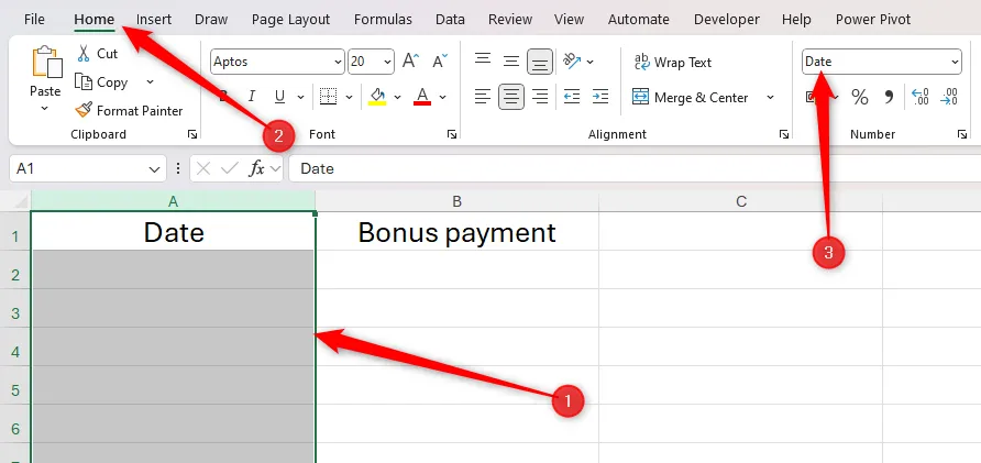 Cột A trong Excel được chọn và định dạng &quot;Date&quot; được thiết lập từ nhóm Number trên tab Home, chuẩn bị cho việc hiển thị ngày tháng.