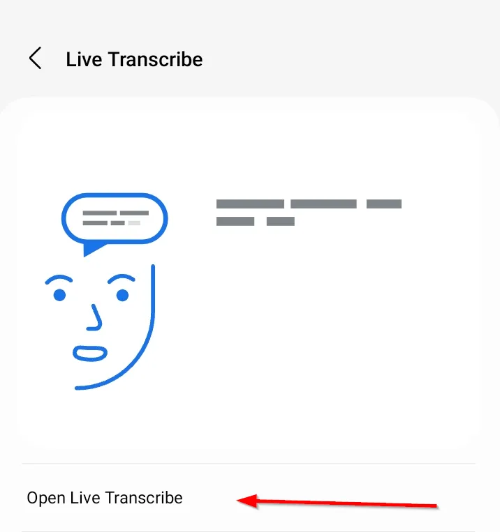 Cửa sổ cài đặt Live Transcribe hiển thị tùy chọn &quot;Mở Live Transcribe&quot; để kích hoạt tính năng