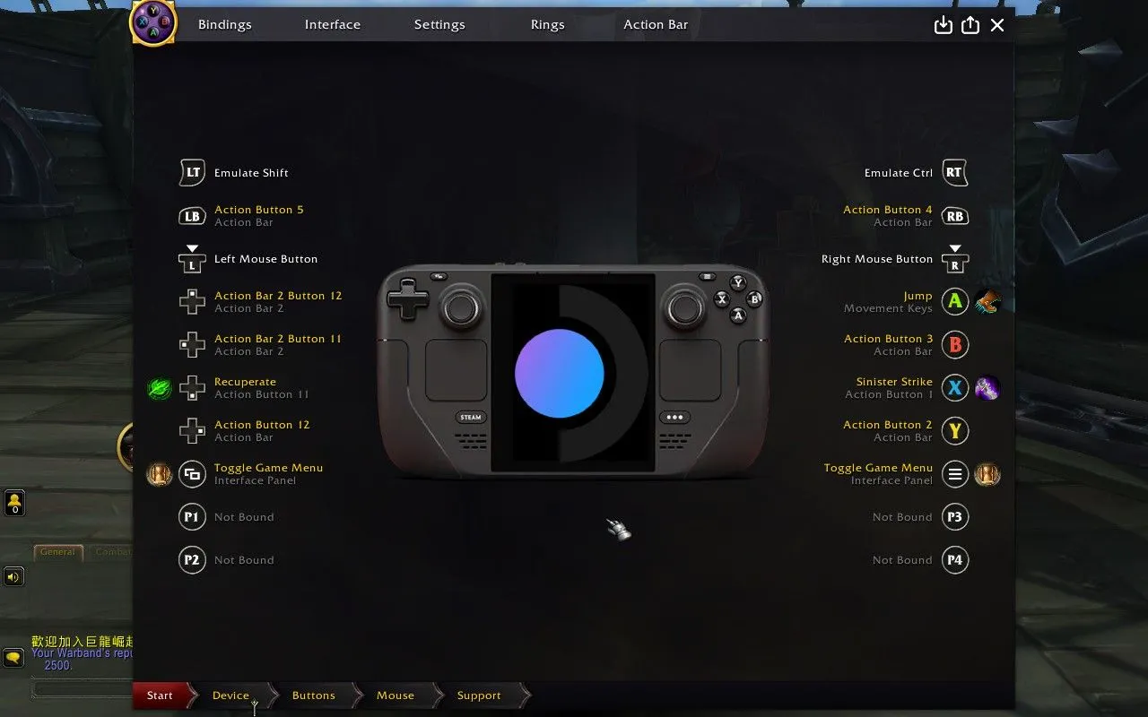 Cửa sổ cấu hình add-on ConsolePort hiển thị trong game World of Warcraft trên Steam Deck