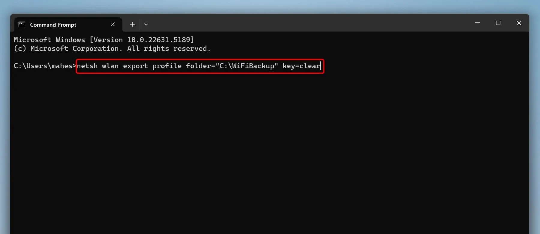 Cửa sổ Command Prompt với lệnh netsh wlan export profile để sao lưu cấu hình Wi-Fi