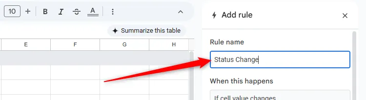 Cửa sổ &quot;Conditional Notifications&quot; trong Google Sheets, nơi quy tắc được đặt tên là &quot;Status Change&quot;.