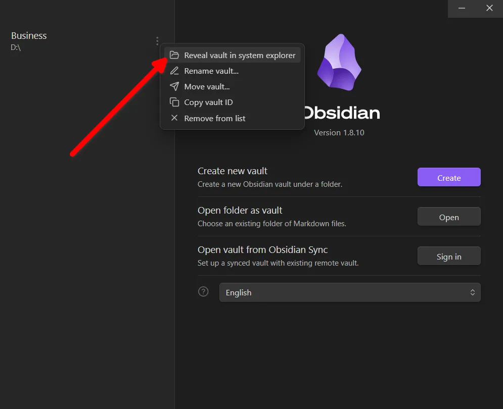 Cửa sổ File Explorer hiển thị thư mục Obsidian vault đã được chọn, sẵn sàng để đồng bộ