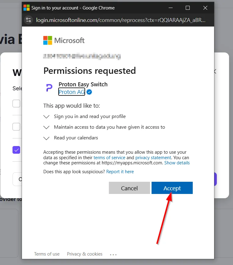Cửa sổ pop-up đăng nhập tài khoản Microsoft để ủy quyền nhập lịch