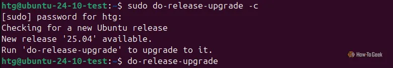 Cửa sổ Terminal của Ubuntu hiển thị kết quả kiểm tra nâng cấp phiên bản thành công bằng lệnh sudo do-release-upgrade -c.
