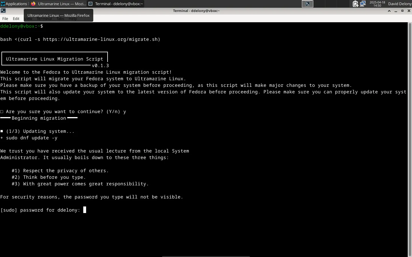 Cửa sổ terminal hiển thị quá trình chạy script chuyển đổi từ Fedora sang Ultramarine Linux, minh họa giải pháp cài đặt hiệu quả.