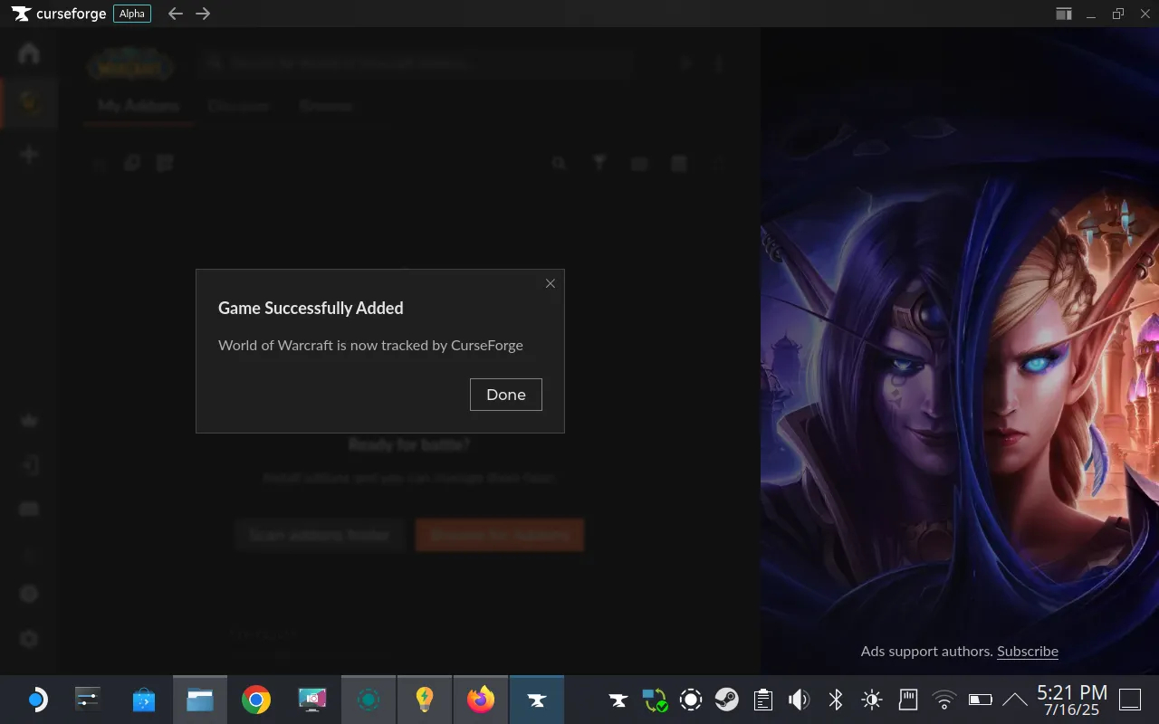 CurseForge nhận diện thành công và theo dõi thư mục game World of Warcraft