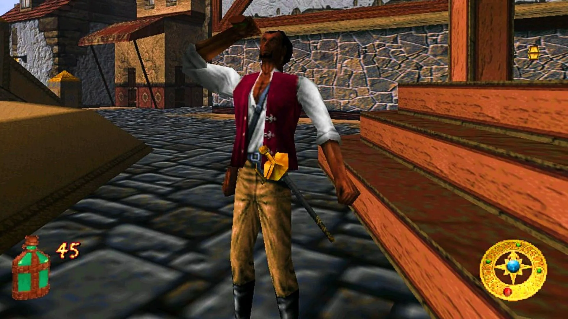 Cyrus uống một lọ thuốc trên đường phố trong game The Elder Scrolls Adventures: Redguard.
