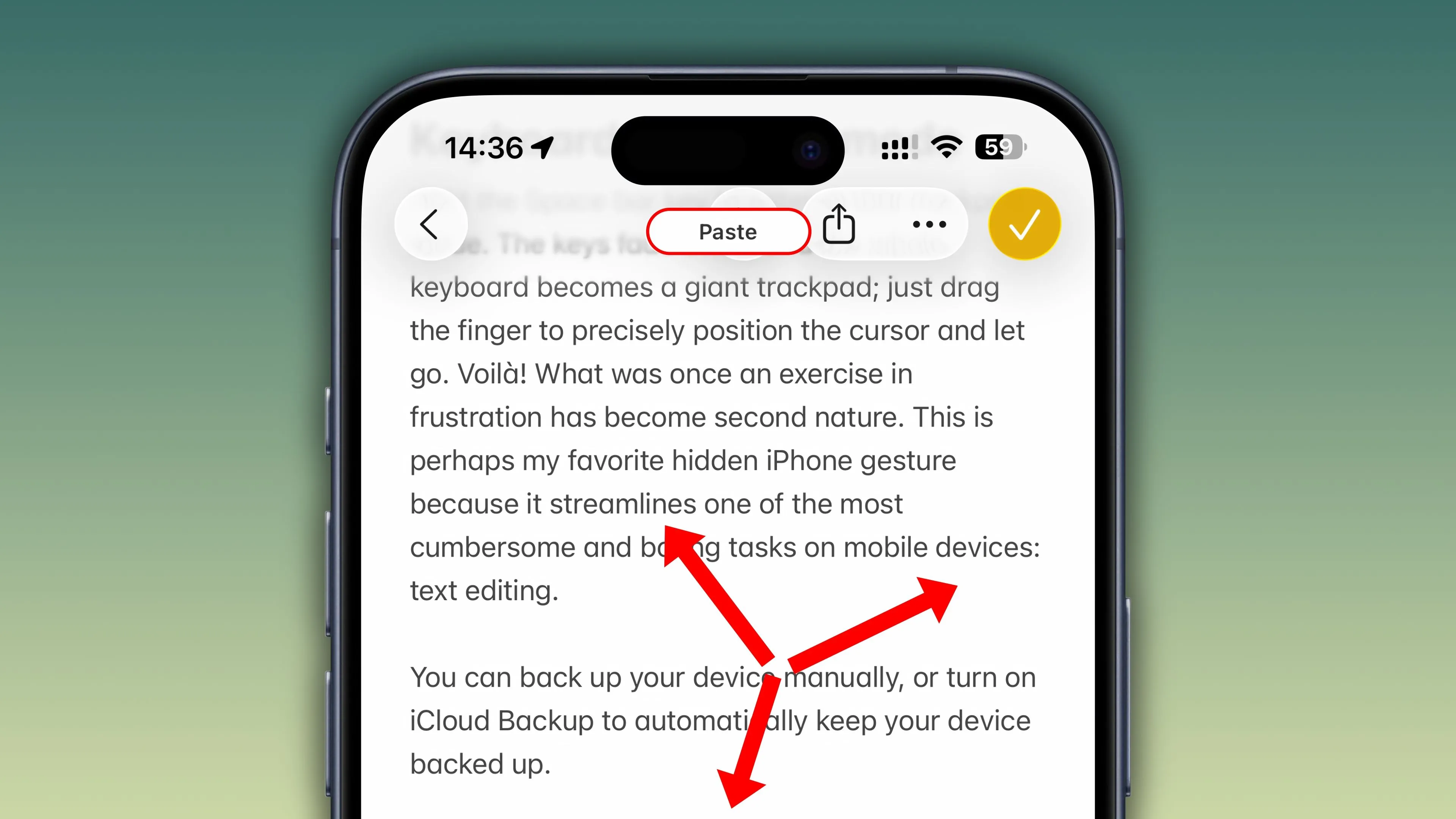 Dán nội dung vào ứng dụng Ghi chú trên iPhone bằng cử chỉ xòe ba ngón tay.