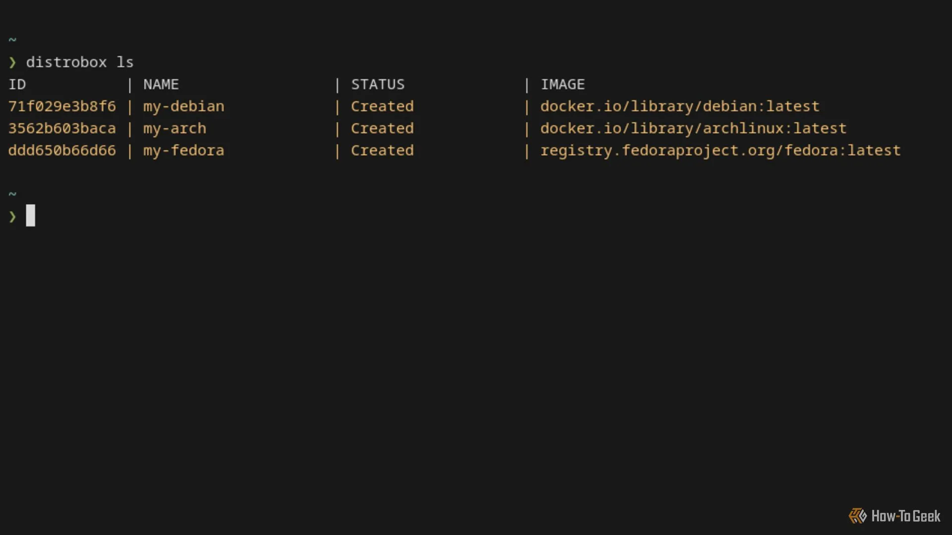 Danh sách các container Distrobox được tạo trên terminal Linux