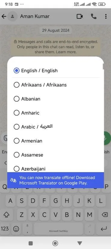 Danh sách các ngôn ngữ hỗ trợ dịch thuật trong tính năng dịch của Microsoft SwiftKey.