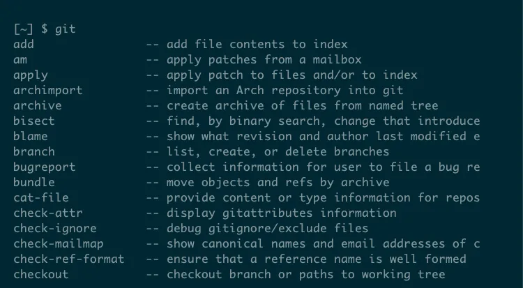 Danh sách các subcommand của Git như add, blame, checkout được gợi ý bằng Tab Completion