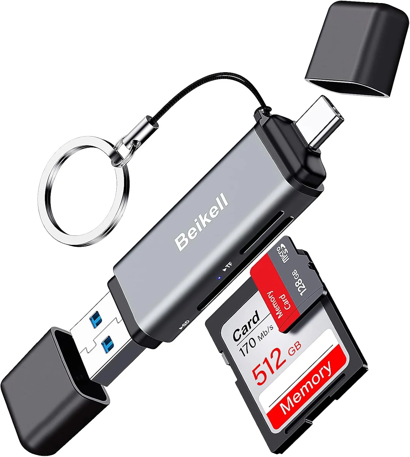 Đầu đọc thẻ nhớ Beikell nhỏ gọn được cắm thẻ SD và MicroSD, sẵn sàng truyền dữ liệu nhanh chóng.