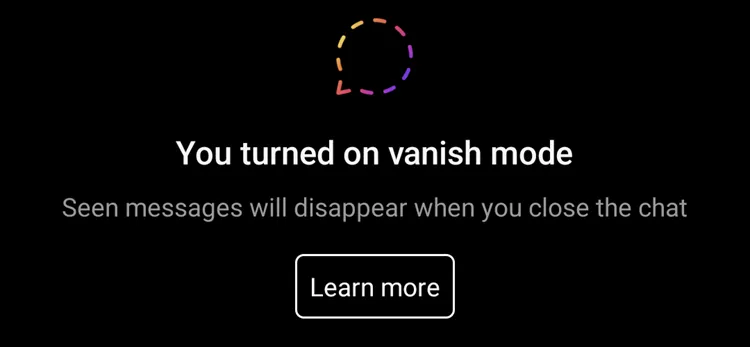 Dấu hiệu nhận biết đang ở chế độ Vanish Mode trên Instagram với nền đen và thông báo "You turned on vanish mode".