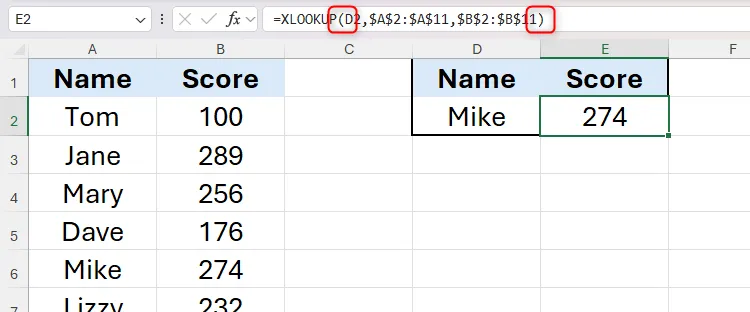 Dấu ngoặc đơn trong công thức XLOOKUP của Excel, làm nổi bật vai trò bao bọc đối số.