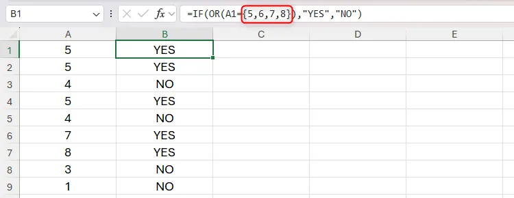 Dấu ngoặc nhọn `{}` được sử dụng trong công thức IF-OR của Excel để rút gọn việc chỉ định nhiều tiêu chí, tối ưu hóa công thức.