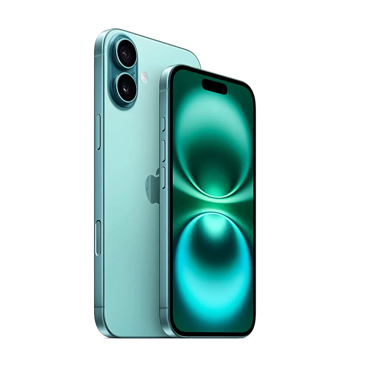 Điện thoại Apple iPhone 16 màu đen hiển thị mặt trước và mặt sau, với các nút và camera chính.