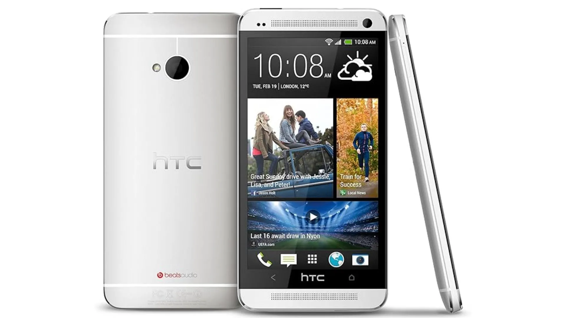 Điện thoại HTC One M7 với thiết kế kim loại và loa kép mặt trước nổi bật.