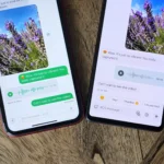 Điện thoại iPhone và Android hiển thị giao diện nhắn tin RCS, minh họa sự tương tác giữa hai hệ điều hành.