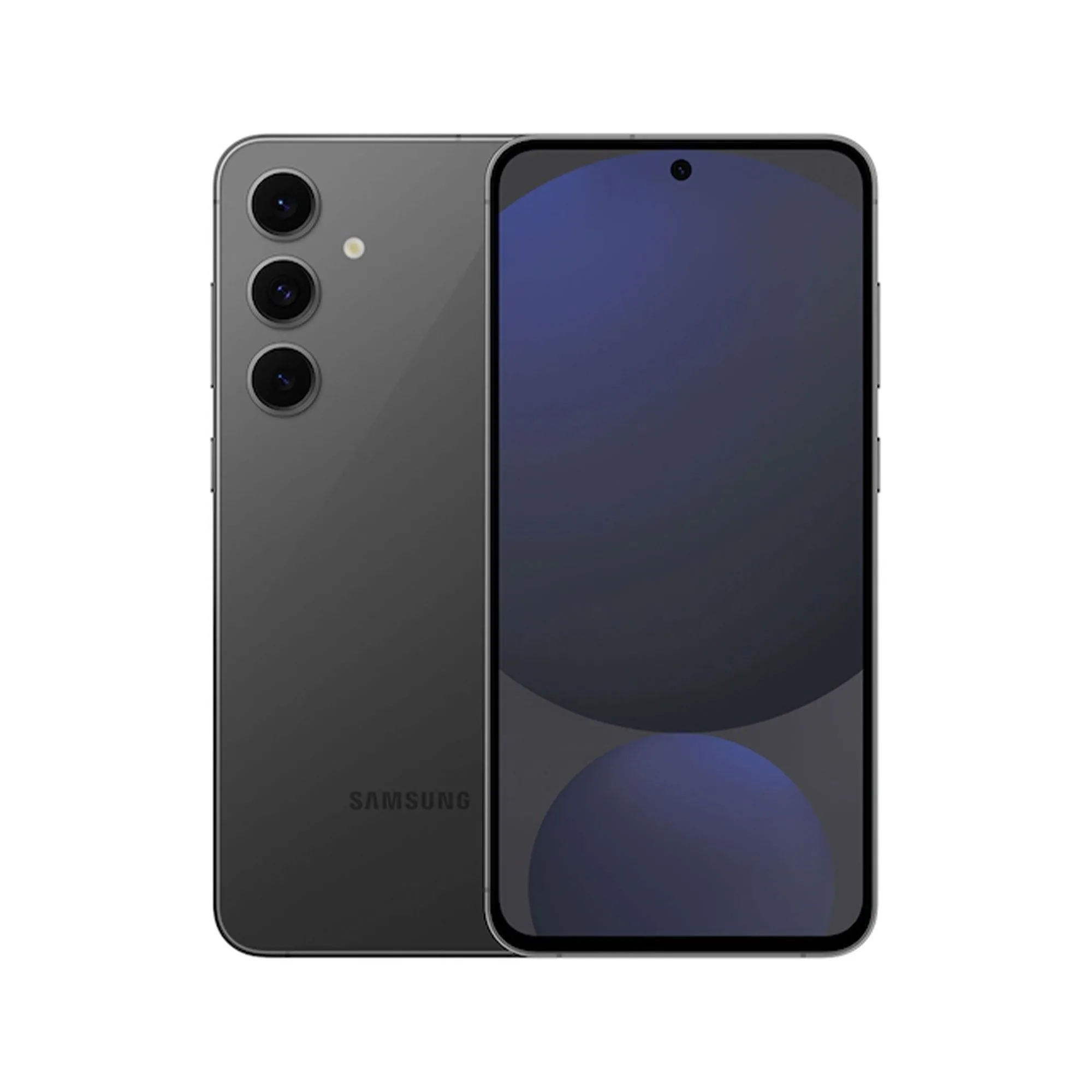 Điện thoại Samsung Galaxy S24 FE màu tím trên nền trắng, hiển thị màn hình và cụm camera sau