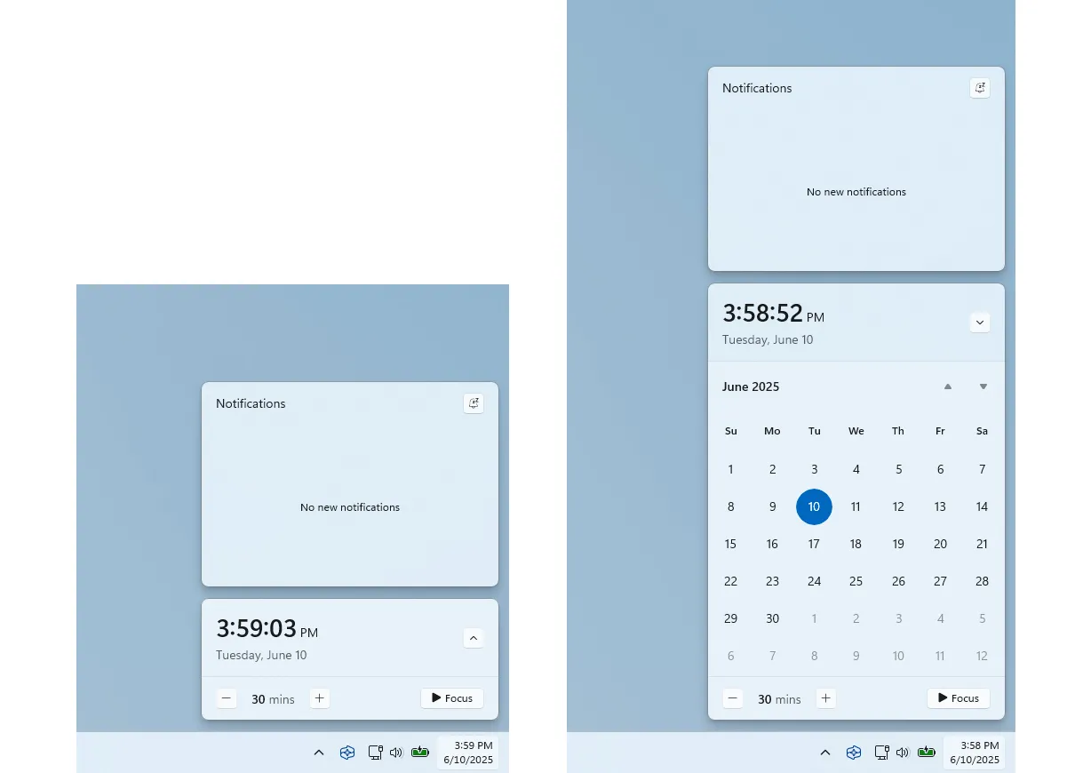 Đồng hồ hiển thị giây trong Trung tâm Thông báo Windows 11
