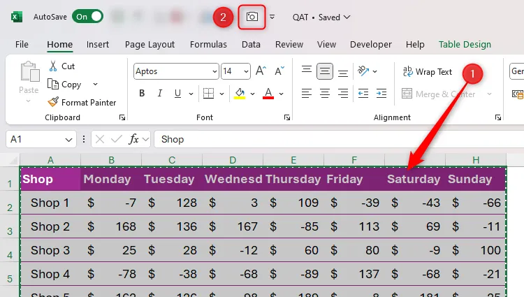 Dữ liệu trong Excel được chọn và công cụ Camera trên thanh QAT được tô sáng, sẵn sàng để chụp ảnh động.