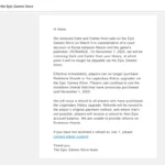 Email thông báo của Epic Games Store về việc thu hồi Dark and Darker khỏi thư viện người dùng