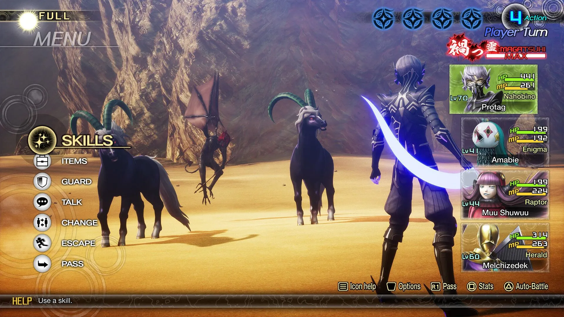 Gameplay trong Shin Megami Tensei V Vengeance, một tựa game RPG theo lượt với cơ chế bắt quái vật.